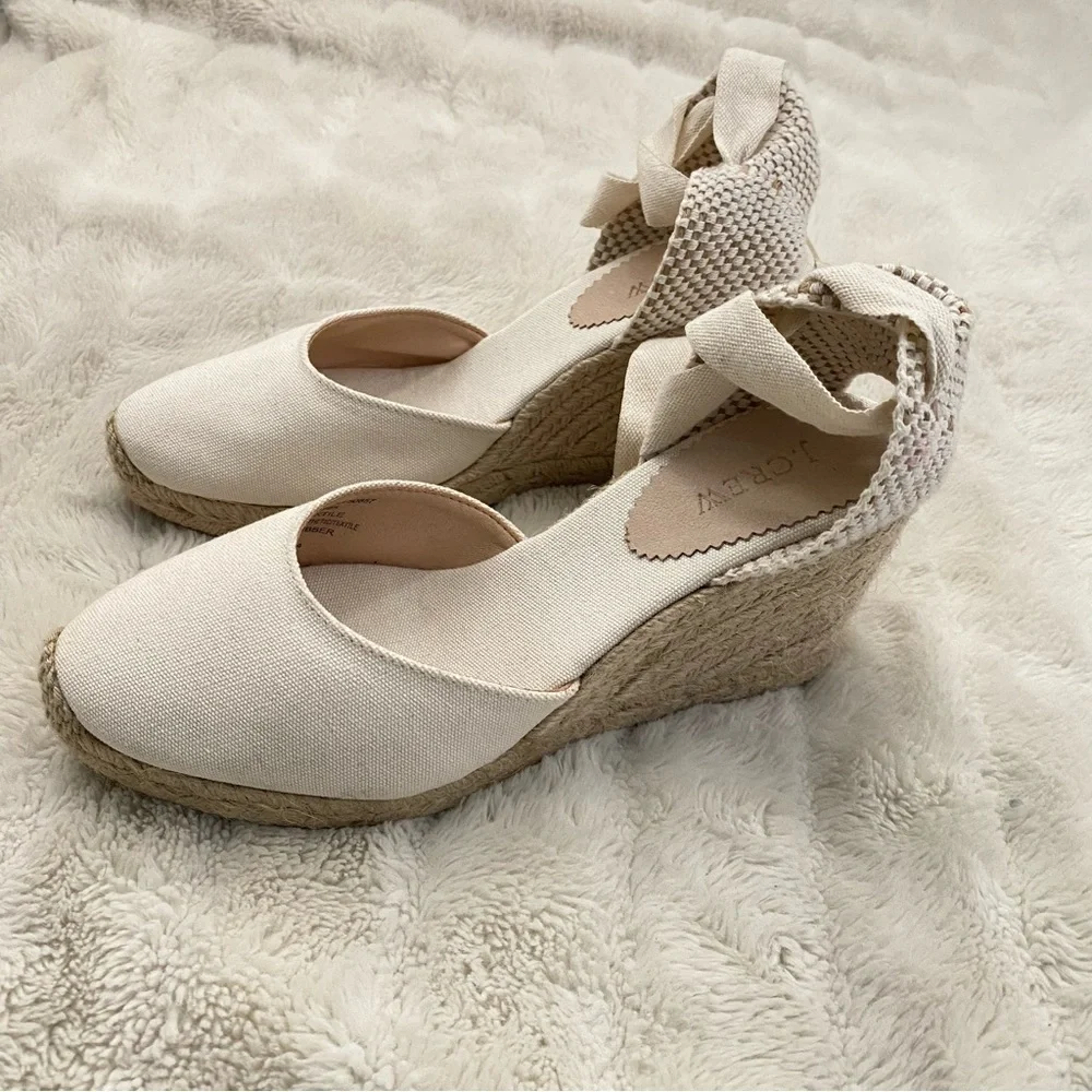 J. Crew Cream Round Toe Canvas Espadrille Wedges Size 9.5 Made in Spain